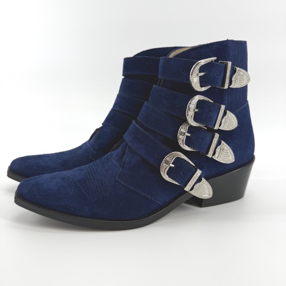 Toga Pulla Suede Multi-Buckle Western Ankle Boots Pointed Toe‎ Size 38 EU Navy